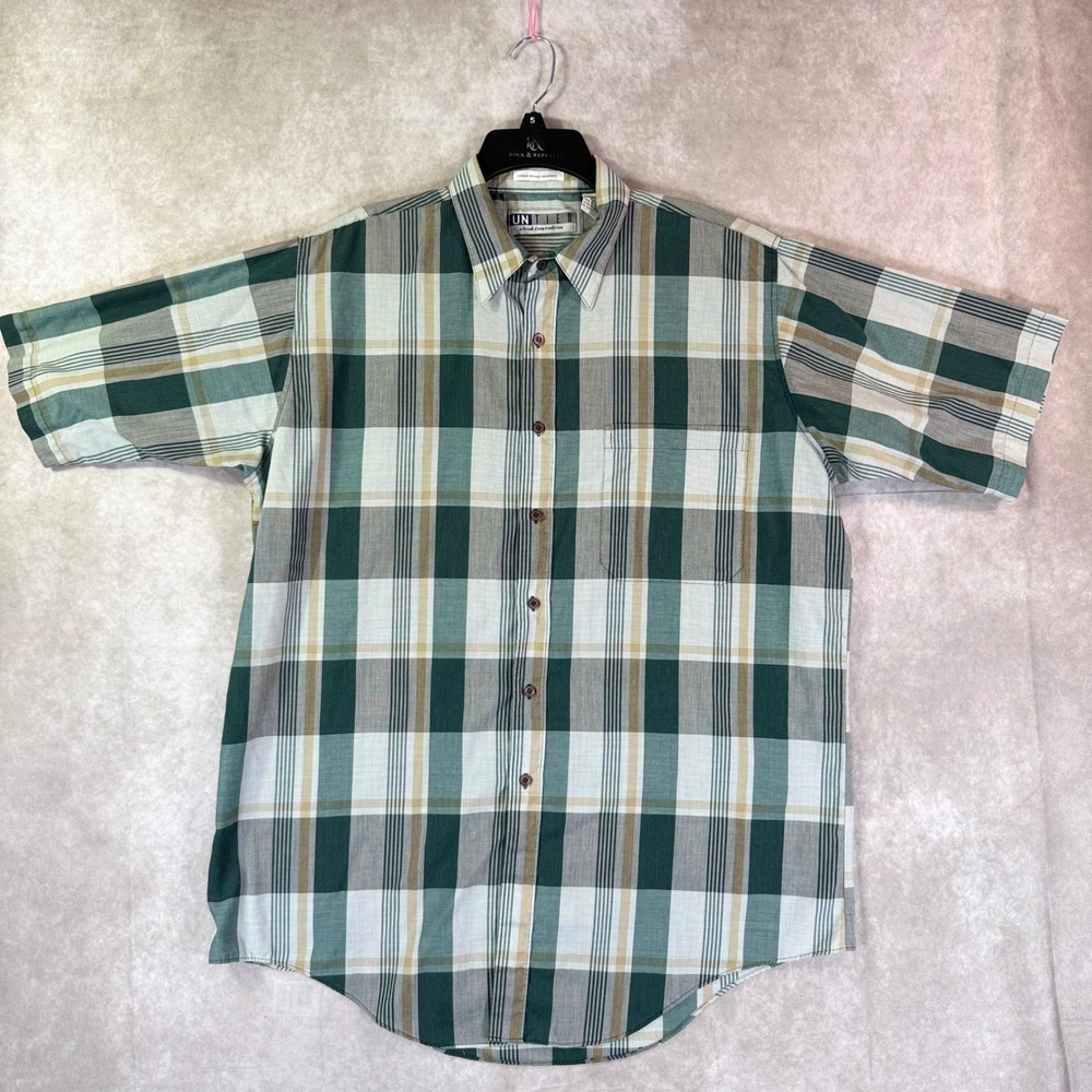 Untied Button Down Shirt Men XLT Green Plaid Short Slv Academia Outdoor Earthy